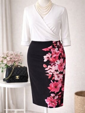 Laura Plus Floral Pencil Skirt Black Pink Size X